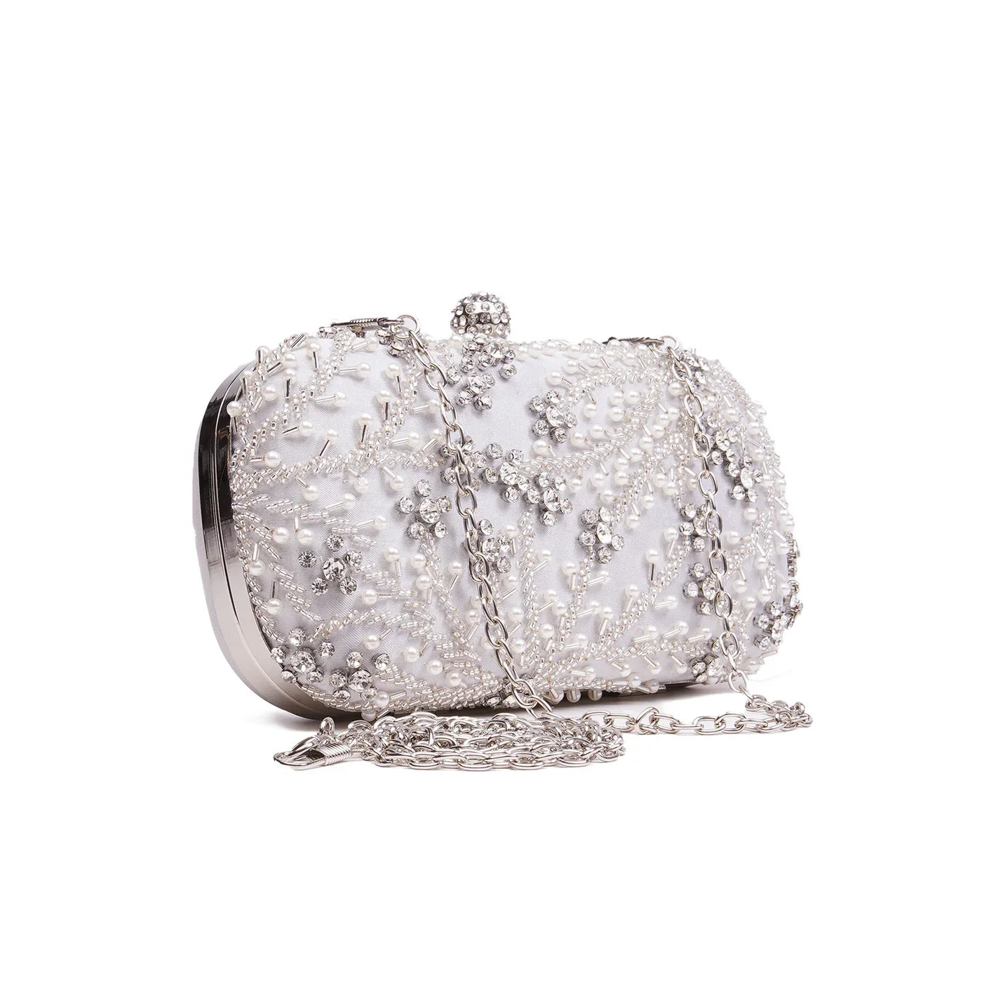 White Embellished Shell Floral Clutch