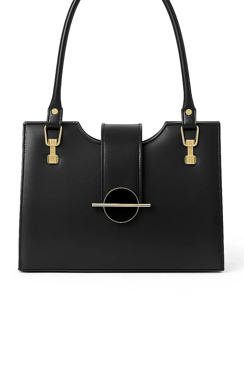 Black Structured Handbag with Gold-Tone Hardware