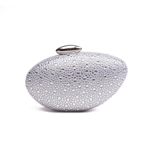 Silver Rhinestone Oval Hard-Shell Clutch