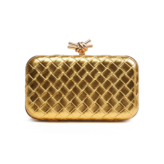 Gold Woven Shell Clutch with Knot Clasp