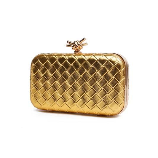 Gold Woven Shell Clutch with Knot Clasp