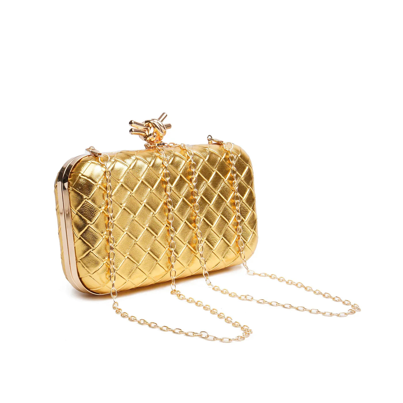 Gold Woven Shell Clutch with Knot Clasp