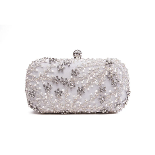 White Embellished Shell Floral Clutch