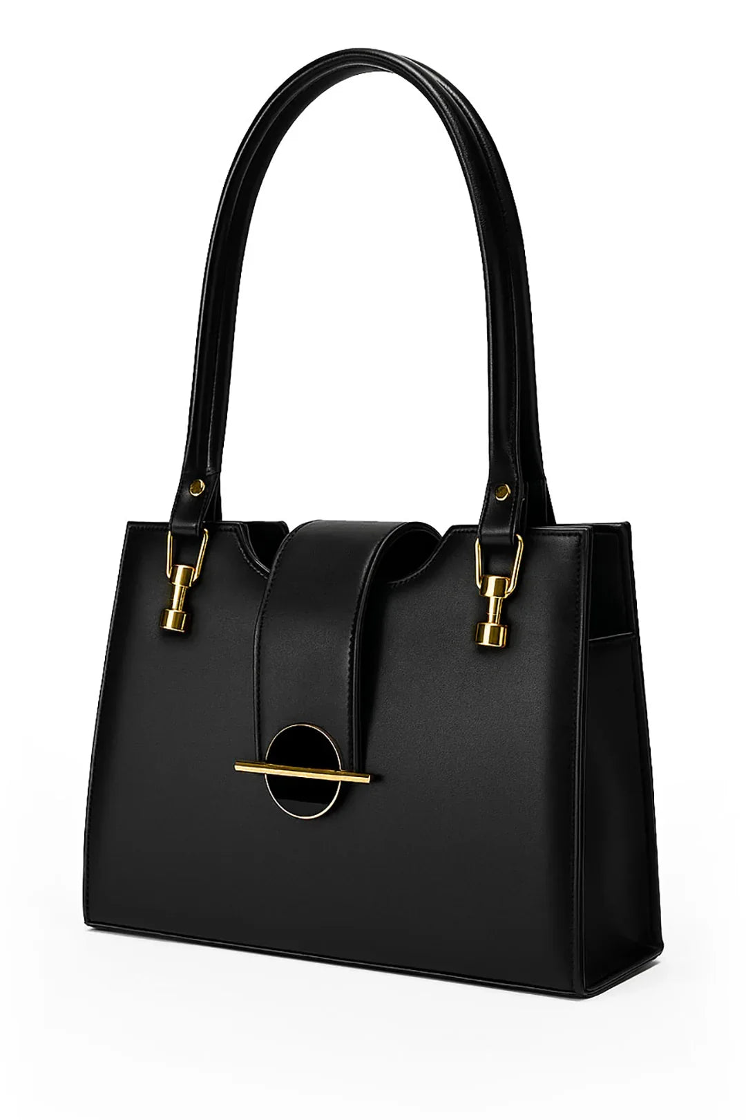 Black Structured Handbag with Gold-Tone Hardware
